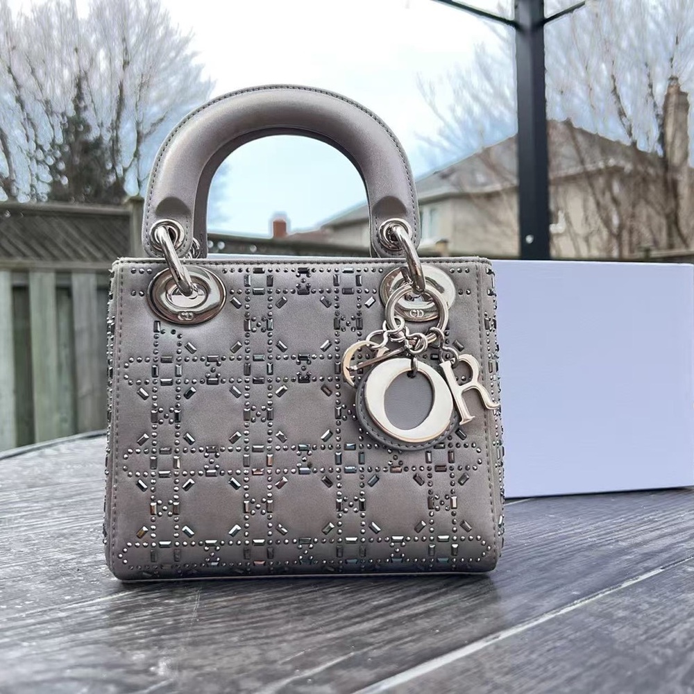 Dior Mini Beaded Satin Cannage Lady Dior Satchel Silver
